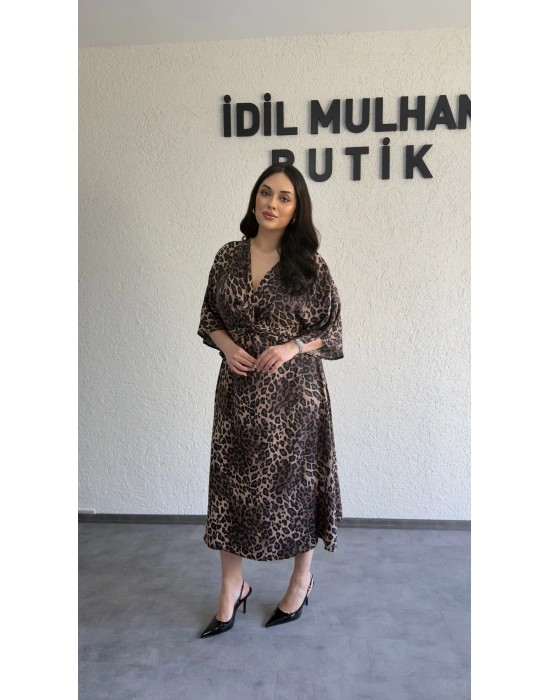 Leopar Desenli Saten Midi Elbise