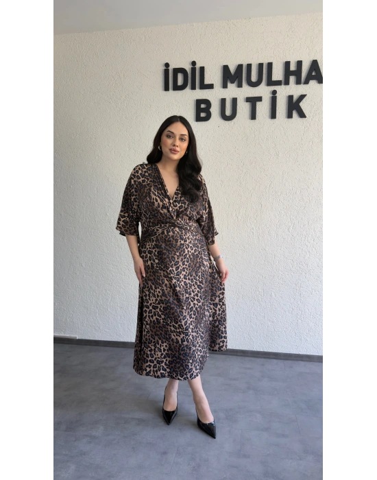 Leopar Desenli Saten Midi Elbise