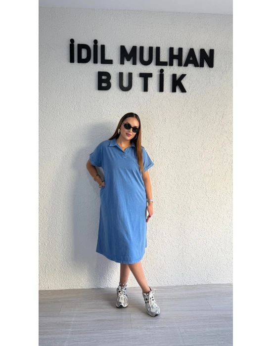 Mavi Yıkamalı Polo Yaka Elbise