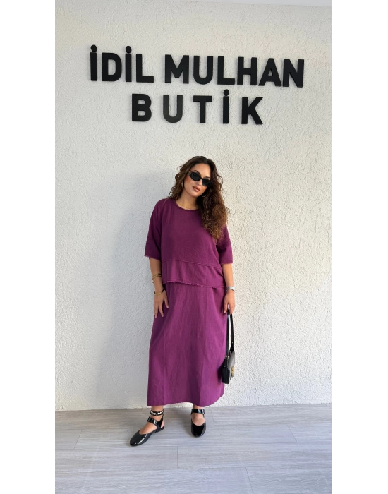 Mürdüm Bluzlu Pamuk Keten Elbise