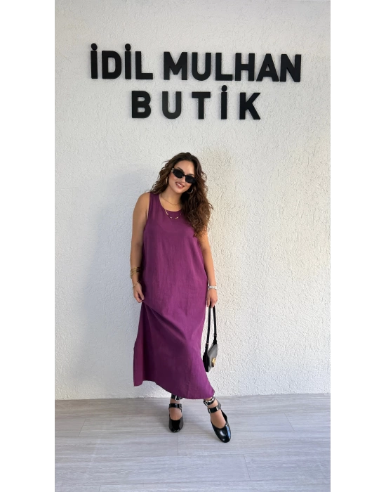 Mürdüm Bluzlu Pamuk Keten Elbise