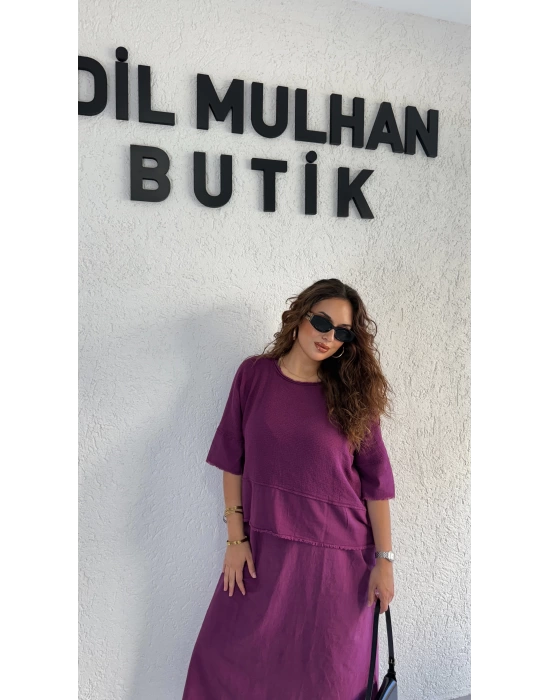 Mürdüm Bluzlu Pamuk Keten Elbise