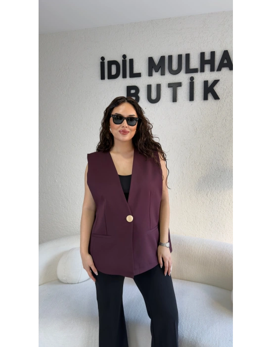 Mürdüm Gold Tek Düğme Detaylı Yelek