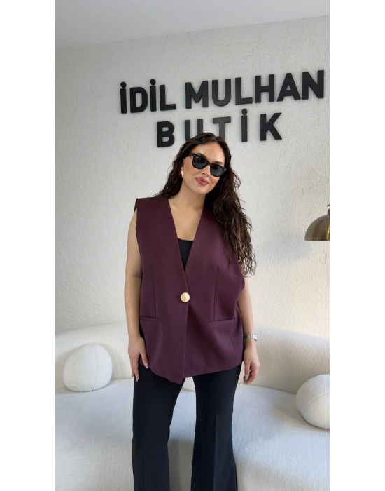 Mürdüm Gold Tek Düğme Detaylı Yelek