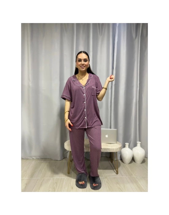 Mürdüm Puantiyeli Düğme Detaylı Pijama