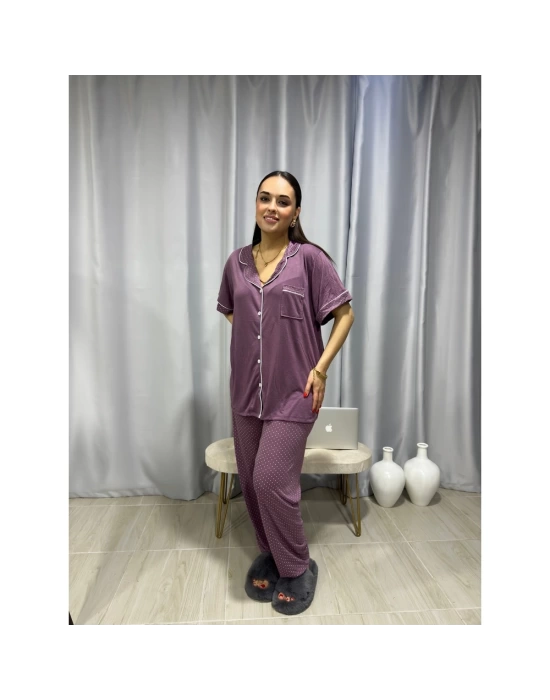 Mürdüm Puantiyeli Düğme Detaylı Pijama