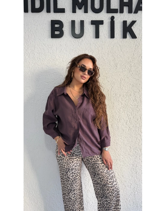 Mürdüm Tensel Oversize Gömlek