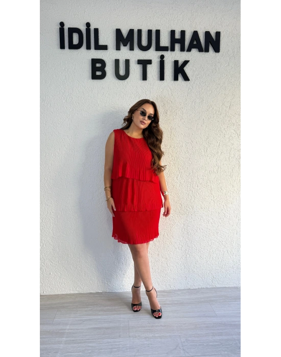 Nar Çiçeği Piliseli Şifon Elbise