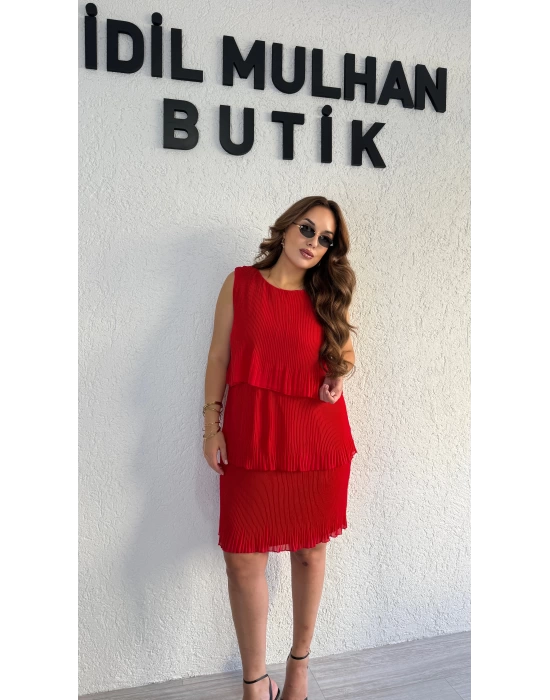 Nar Çiçeği Piliseli Şifon Elbise