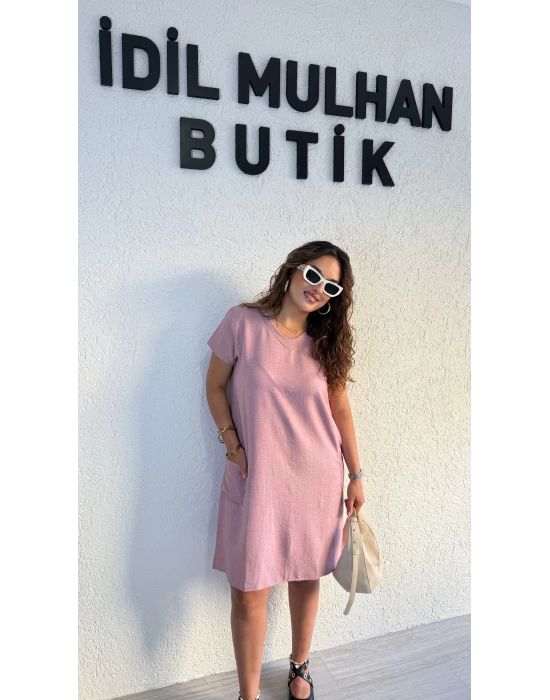 Pudra Pembe Keten Cep Detaylı Oversize Elbise