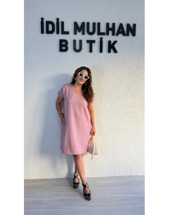 Pudra Pembe Keten Cep Detaylı Oversize Elbise