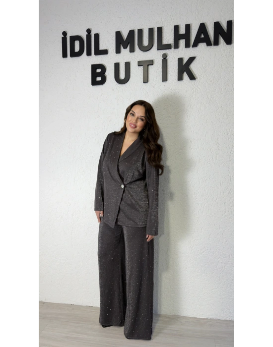 Şal Yaka Kruvaze Kahverengi Taşlı Takım