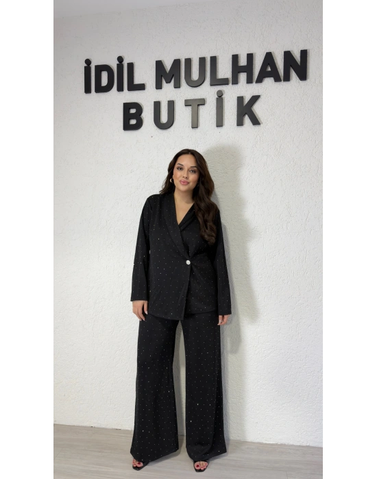 Şal Yaka Kruvaze Siyah Taşlı Takım