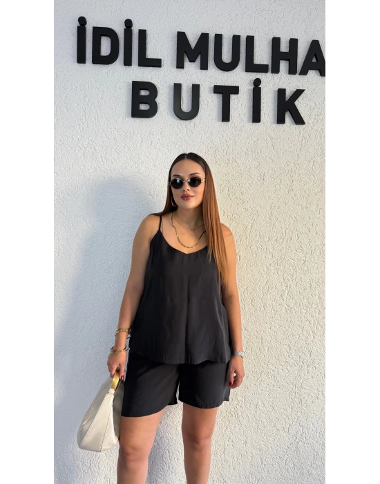 Siyah Askılı Şortlu Tensel Takım