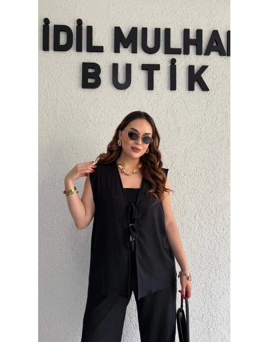 Siyah Bağlama Detay Yelek Takım