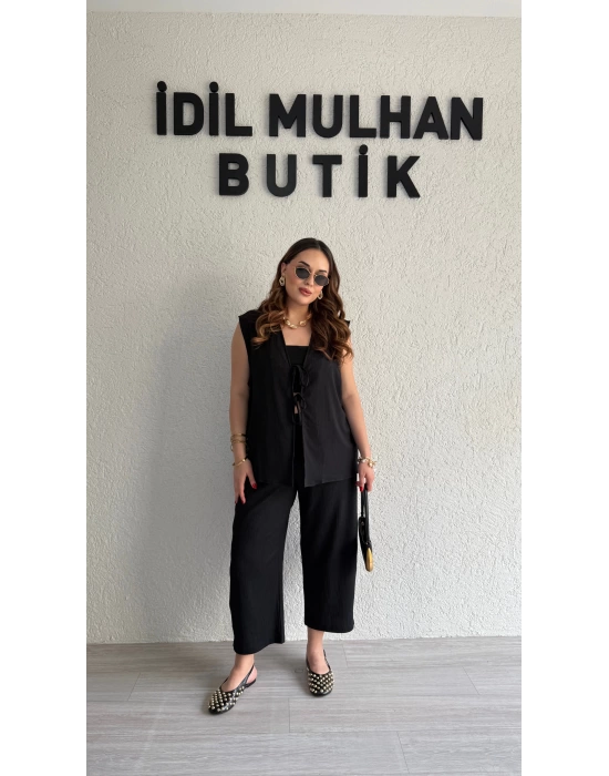 Siyah Bağlama Detay Yelek Takım