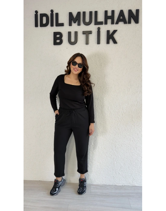 Siyah Beli Lastikli Cepli Pantolon