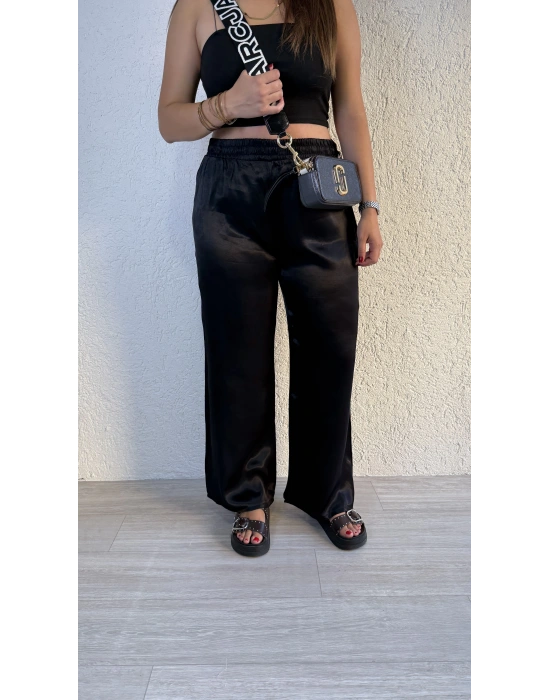 Siyah Beli Lastikli Saten Pantolon