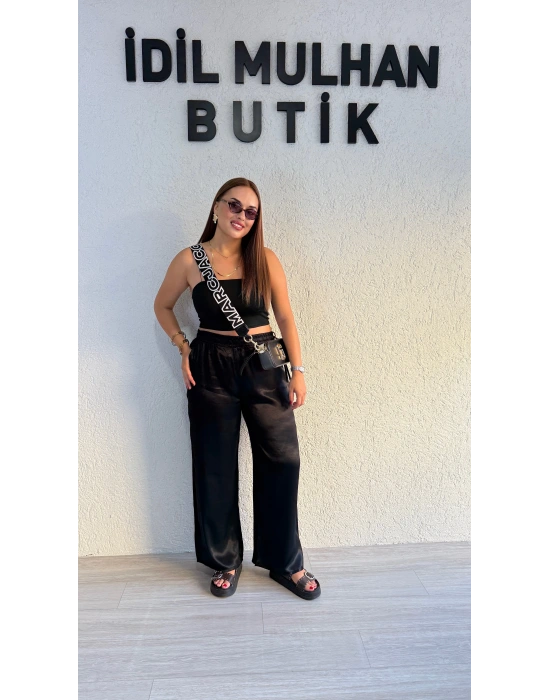 Siyah Beli Lastikli Saten Pantolon