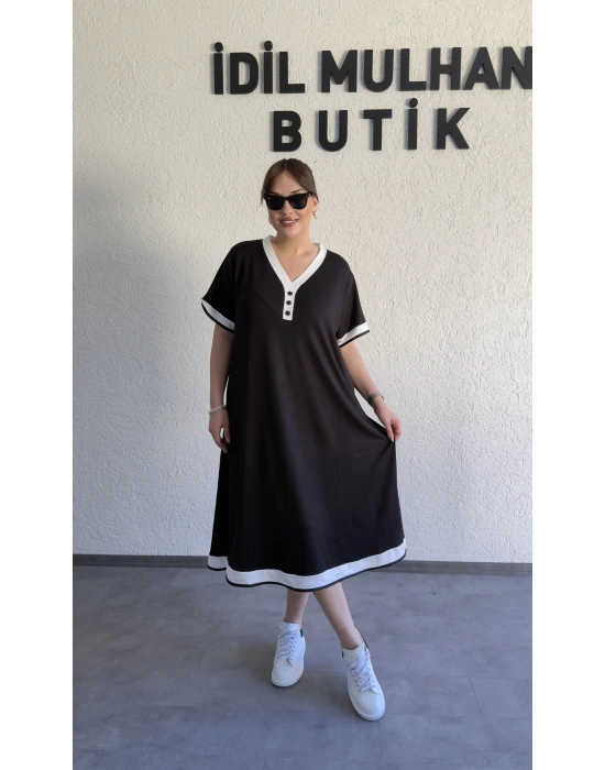 Siyah Beyaz Biyeli V Yaka Midi Elbise
