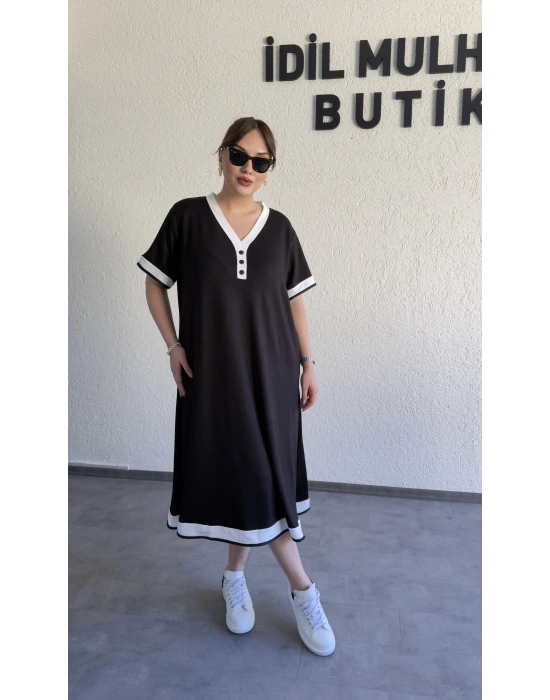 Siyah Beyaz Biyeli V Yaka Midi Elbise
