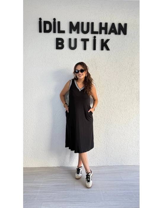 Siyah Beyaz Çift Şeritli Kolsuz Elbise