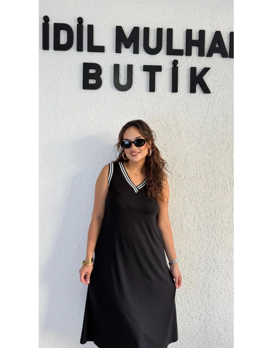 Siyah Beyaz Çift Şeritli Kolsuz Elbise
