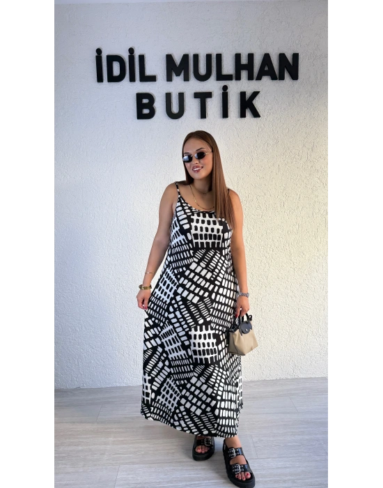 Siyah Beyaz Desenli Askılı Pamuk Elbise