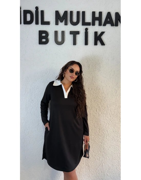 Siyah Beyaz Gömlek Yaka Elbise
