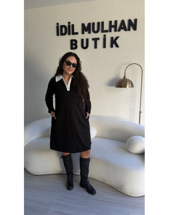 Siyah Beyaz Gömlek Yaka Elbise