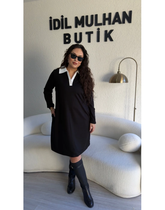Siyah Beyaz Gömlek Yaka Elbise