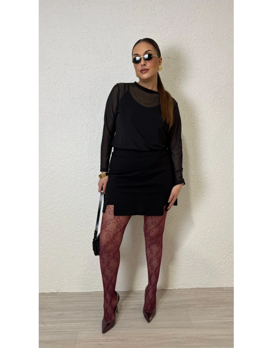 Siyah Çift Yırtmaçlı Şort Etek