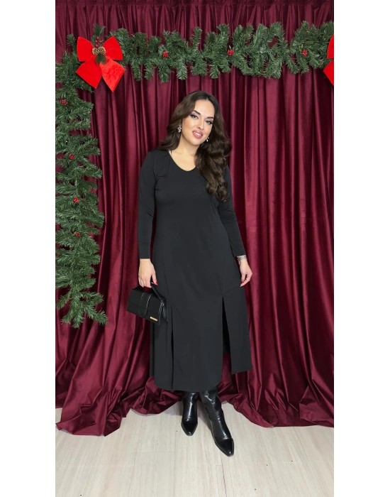 Siyah Çift Yırtmaçlı V Yaka Sandy Elbise