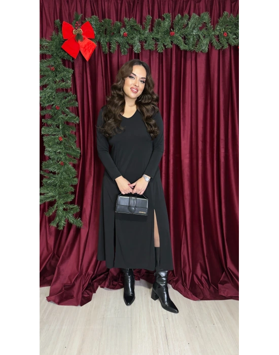 Siyah Çift Yırtmaçlı V Yaka Sandy Elbise