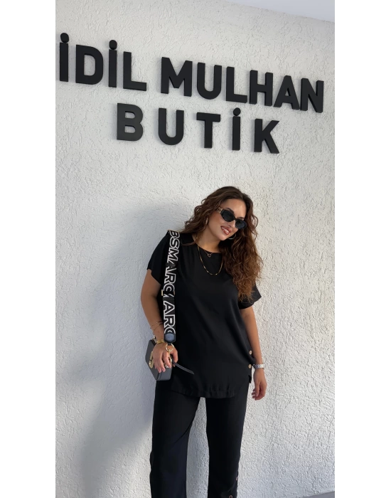 Siyah Düğme Detaylı Viskon Takım