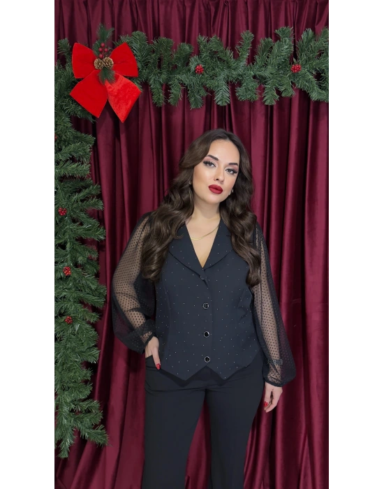 Siyah Erkek Yaka Kolları Puantiyeli Taşlı Bluz