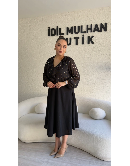 Siyah Eteği Çan Gold Benekli Elbise