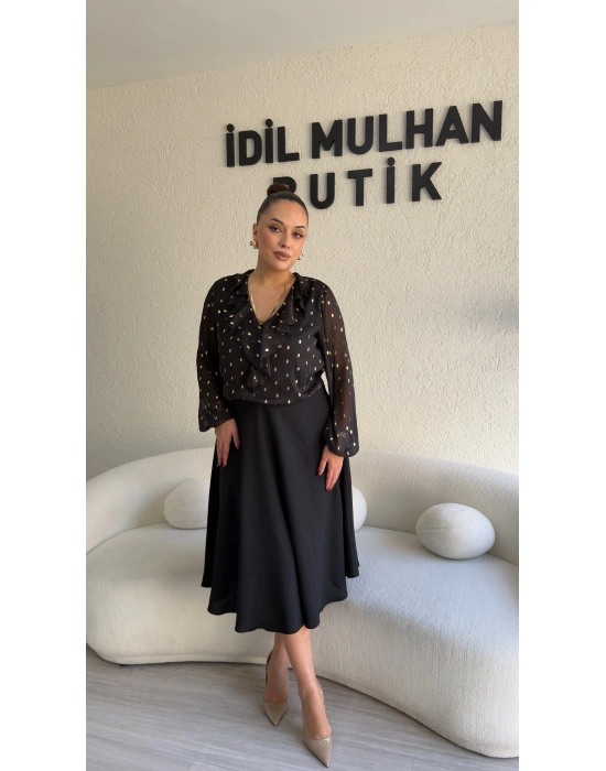 Siyah Eteği Çan Gold Benekli Elbise