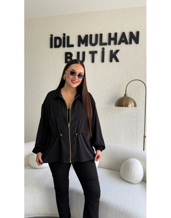 Siyah Fermuarlı Bel Büzgülü Ceket
