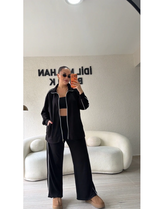 Siyah Fermuarlı Çift Çizgili Takım