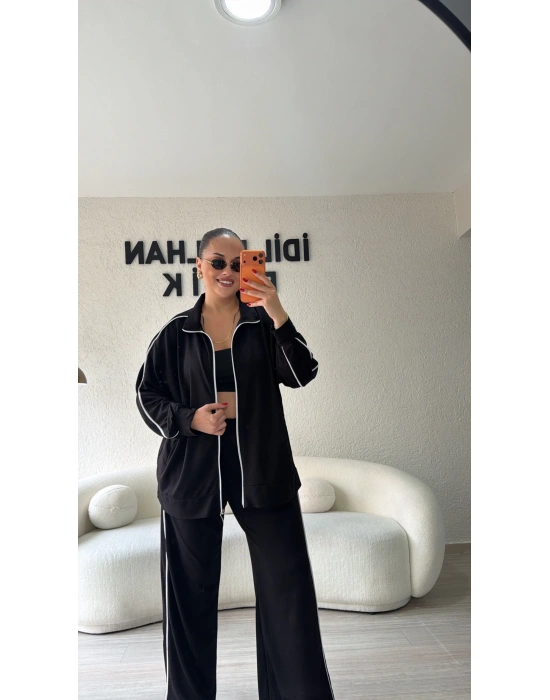 Siyah Fermuarlı Çift Çizgili Takım