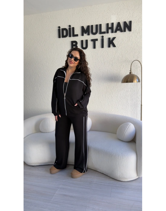 Siyah Fermuarlı Üstlü Şerit Detaylı Takım