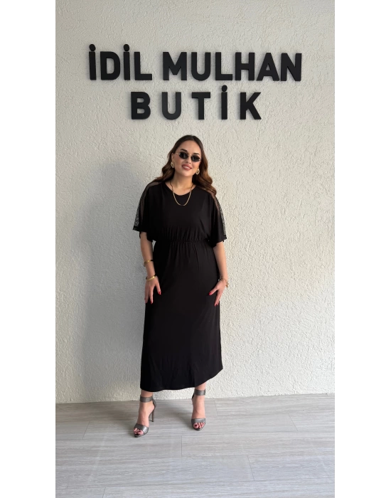 Siyah File Detaylı Sandy Elbise