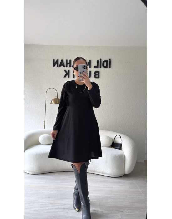 Siyah Fırfırlı Krep Elbise