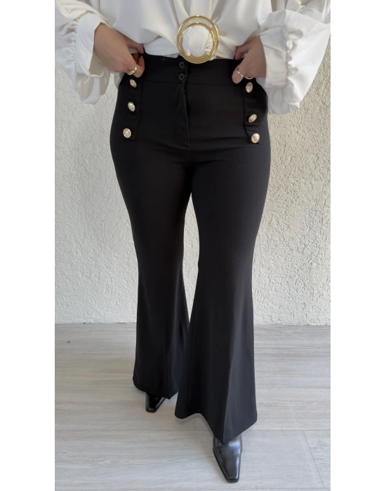 Siyah Gold Düğmeli İspanyol Paça Pantolon