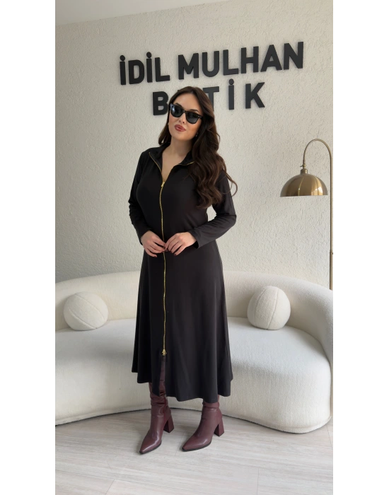Siyah Gold Fermuarlı Oysh Kumaş Elbise