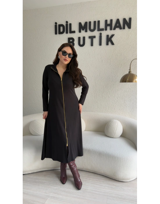 Siyah Gold Fermuarlı Oysh Kumaş Elbise