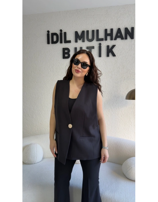 Siyah Gold Tek Düğme Detaylı Yelek