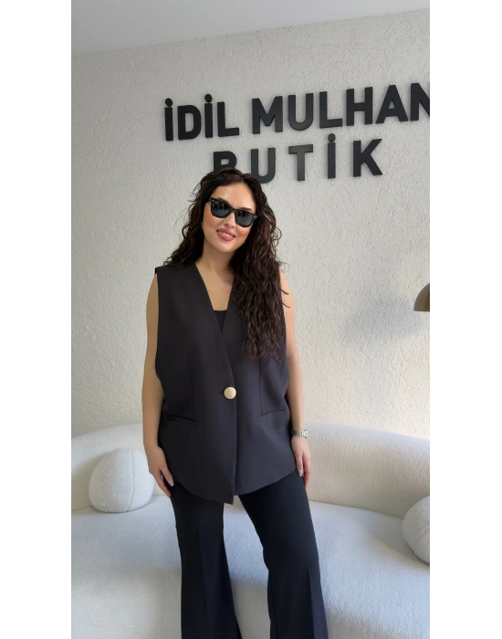 Siyah Gold Tek Düğme Detaylı Yelek
