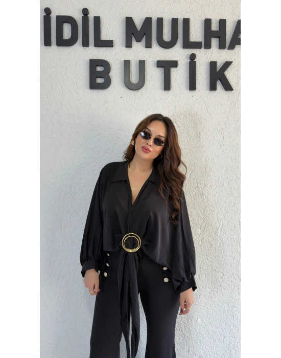 Siyah Gold Tokalı Bağlamalı Bluz